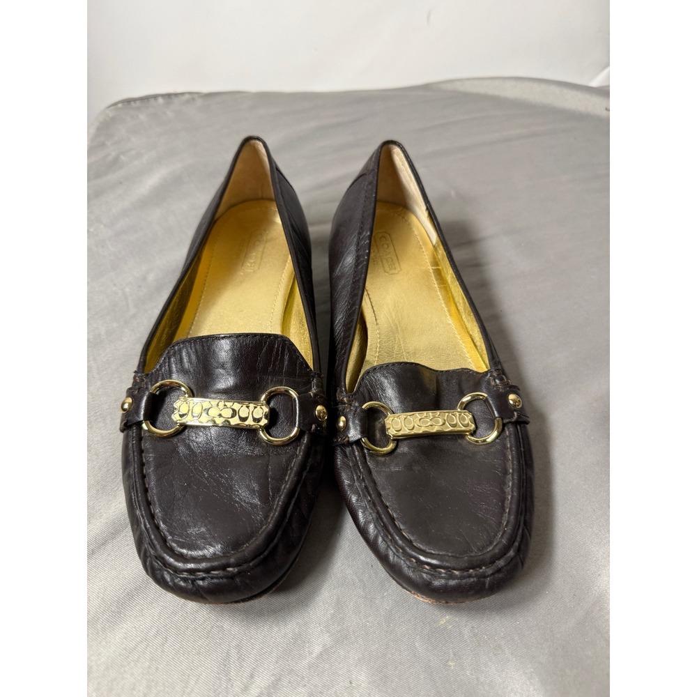 Coach Womens Dark Brown Leather Horsebit Loafers Gold Signature Hardware Size 7B